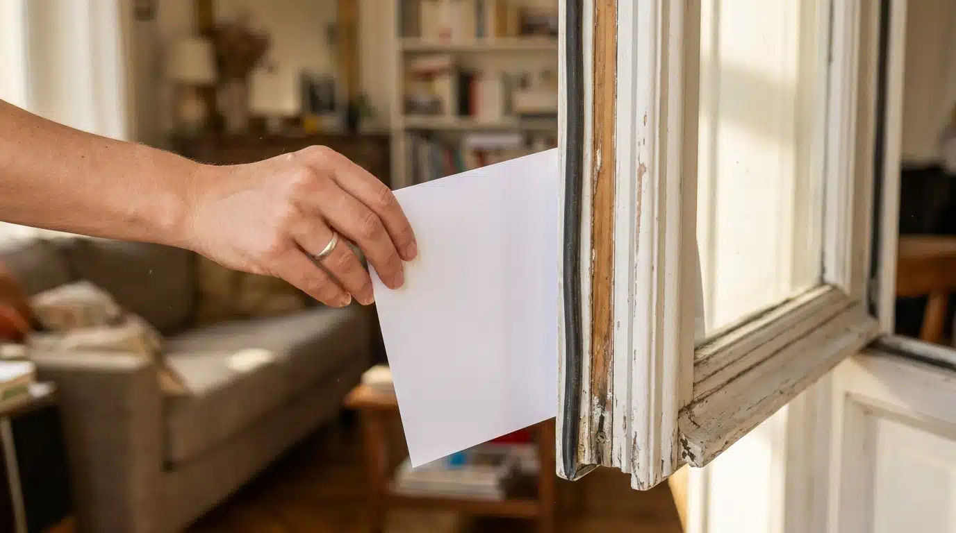 Main glissant une feuille de papier dans une fenêtre