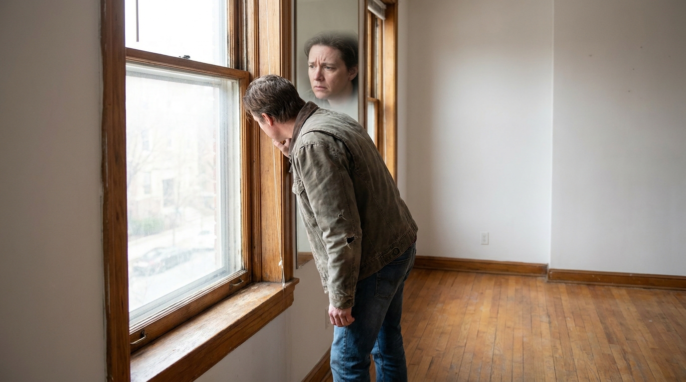Personne inspectant une fenêtre dans un appartement vide