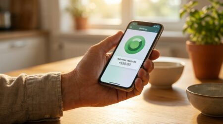 Smartphone affichant une notification de virement bancaire sur une table ensoleillée