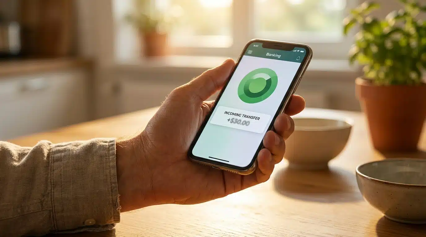 Smartphone affichant une notification de virement bancaire sur une table ensoleillée