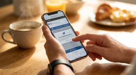 Smartphone affichant un avis d'impôt sur une table ensoleillée