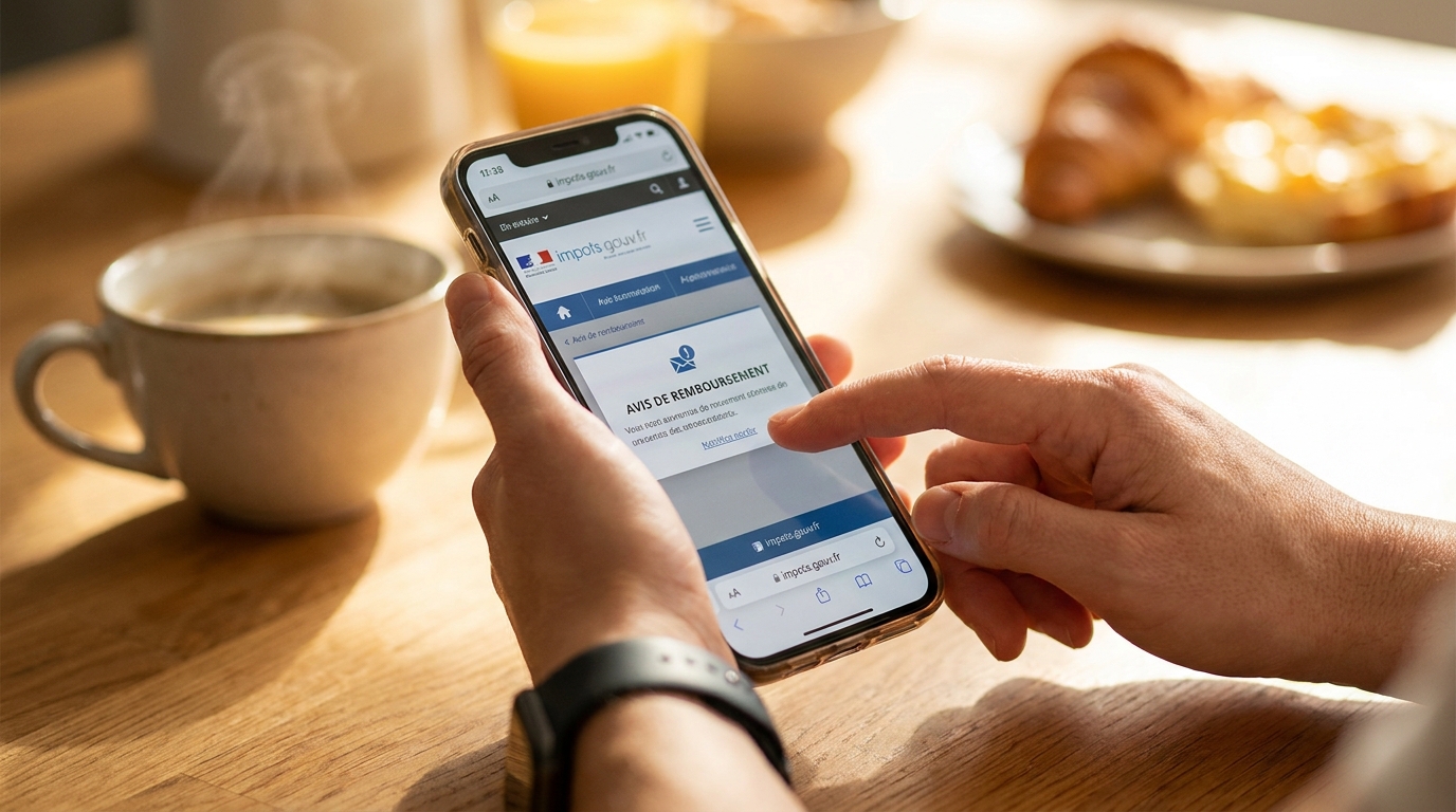 Smartphone affichant un avis d'impôt sur une table ensoleillée