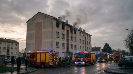Immeuble en banlieue parisienne avec fumée au dernier étage