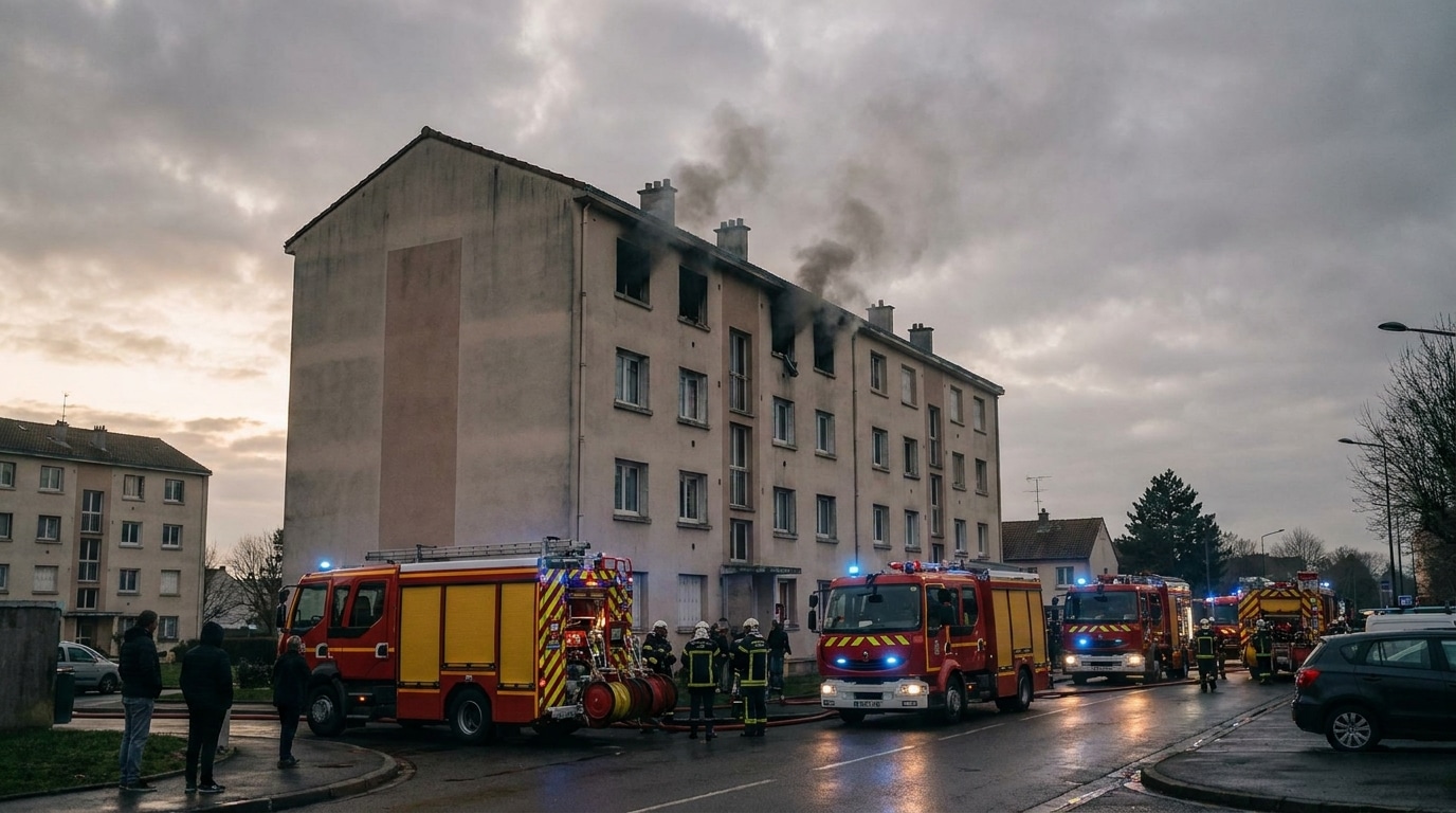 Immeuble en banlieue parisienne avec fumée au dernier étage