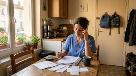 Infirmière consultant ses factures dans sa cuisine