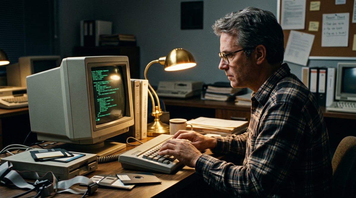 Ingénieur informatique des années 80 devant un écran cathodique
