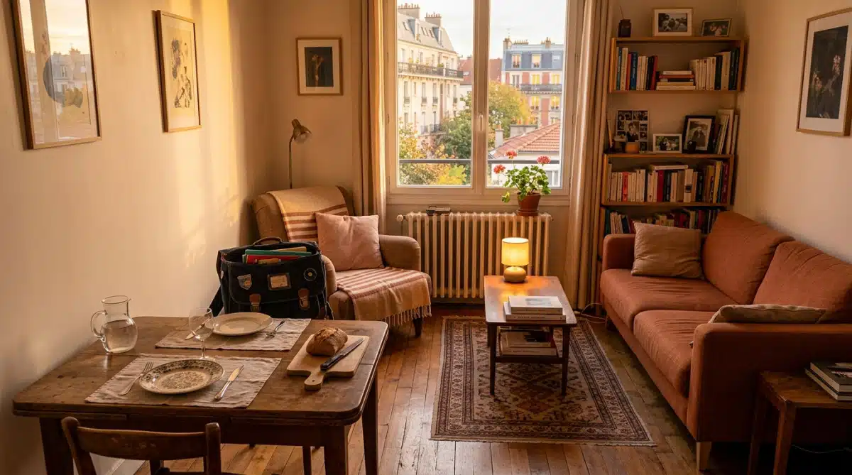 Intérieur d'un appartement avec cartable d'enfant et table dressée