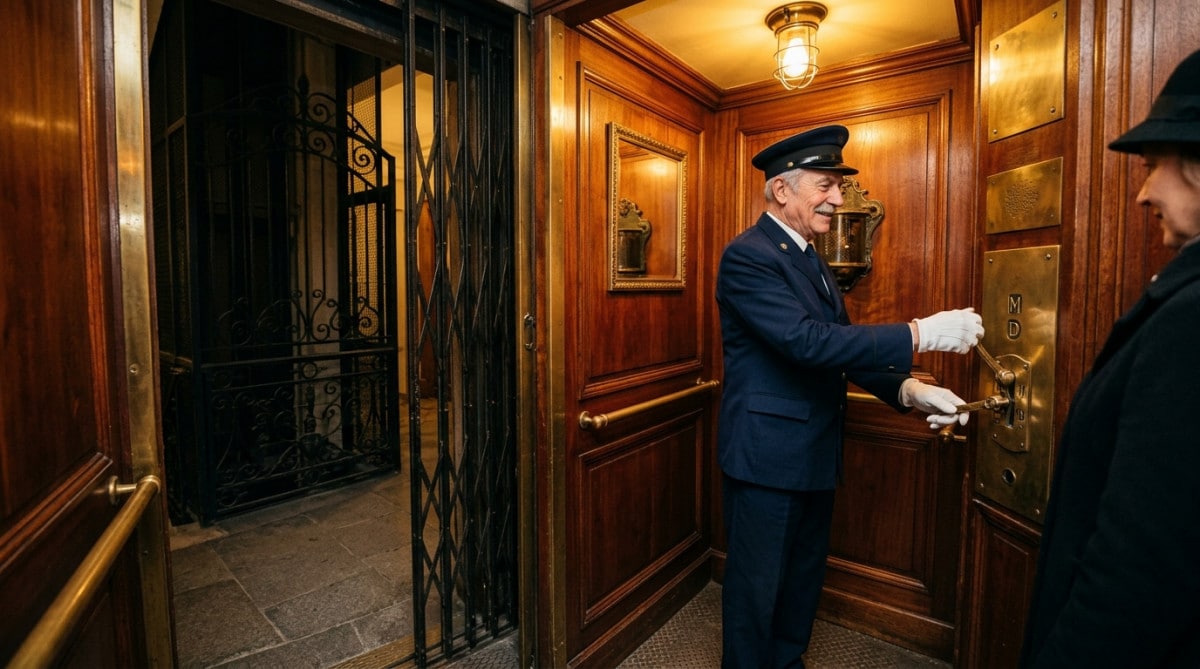 Intérieur d'un ascenseur français des années 1940 avec liftier