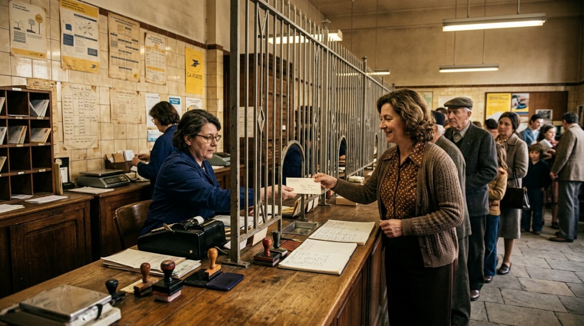 Intérieur d'un bureau de poste français des années 70 avec guichet grillagé