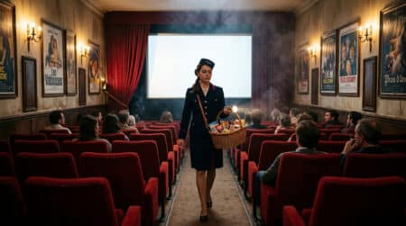 Intérieur d'un cinéma de quartier français années 70 avec ouvreuse