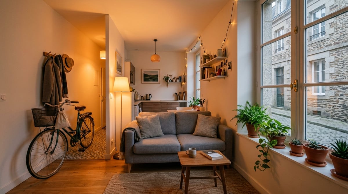 Intérieur d'un petit appartement T2 à Rennes avec vélo dans l'entrée