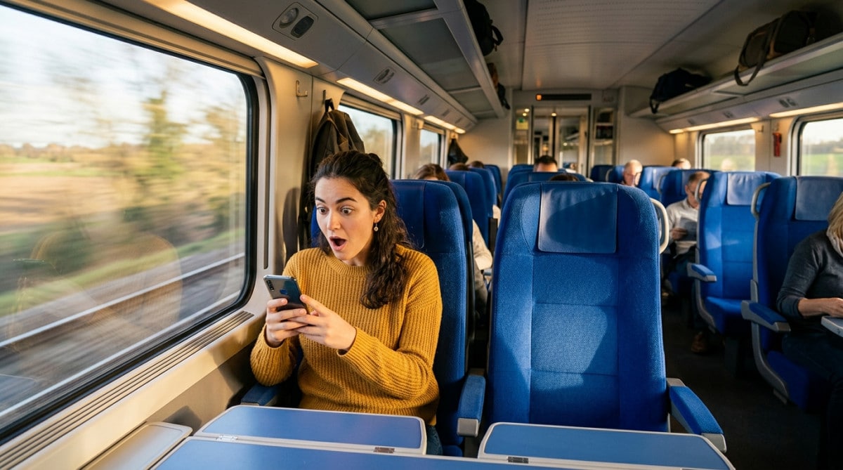 Intérieur d'un TGV avec passager consultant son téléphone