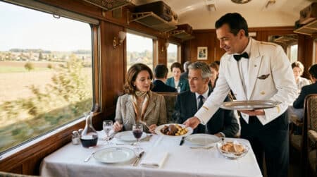 Intérieur d'un wagon-restaurant français des années 1960 avec nappe blanche
