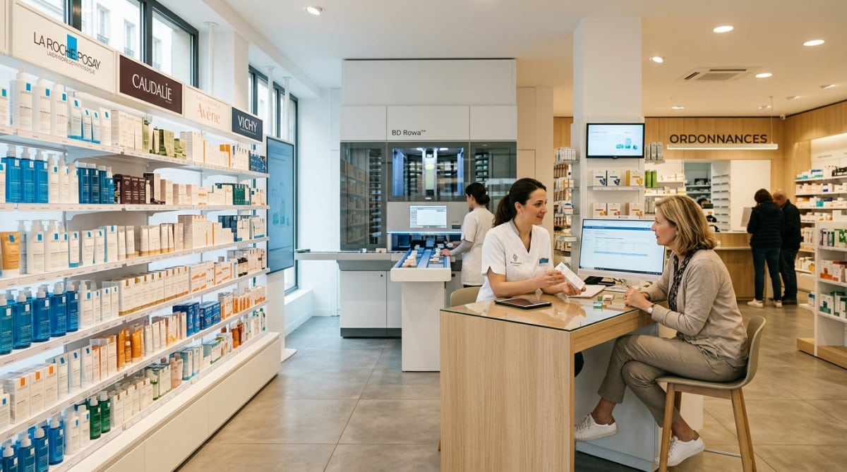 Intérieur d'une pharmacie française moderne en 2026