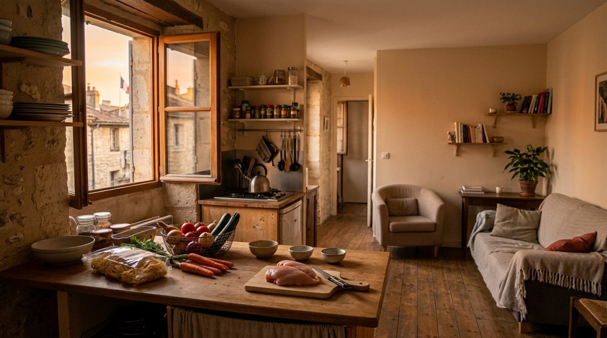 Intérieur modeste d'un appartement avec courses alimentaires
