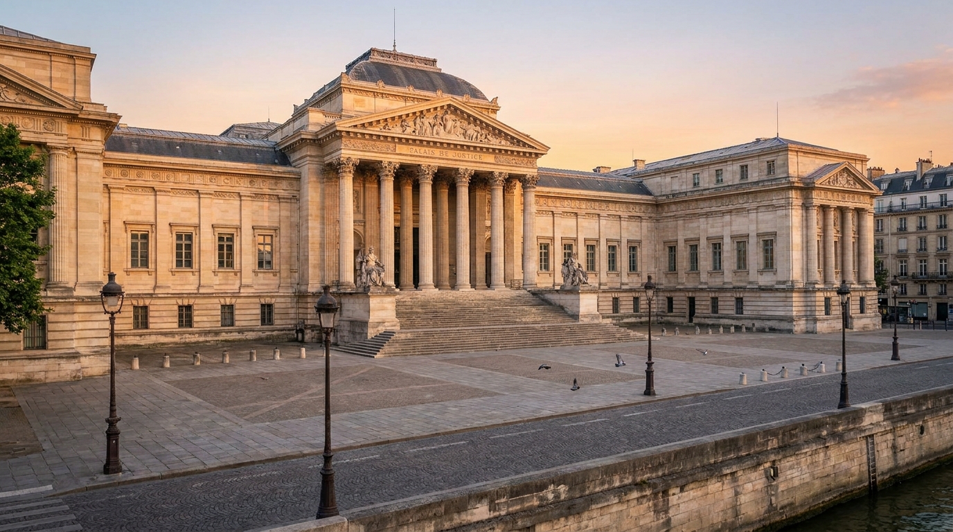 Façade d'un tribunal parisien au crépuscule