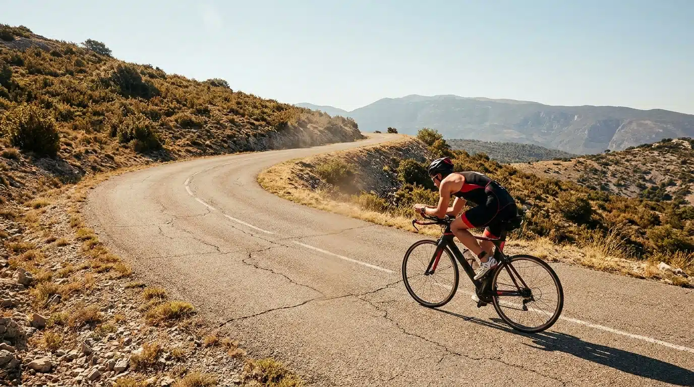 Cycliste solitaire sur une route de montagne en pleine chaleur