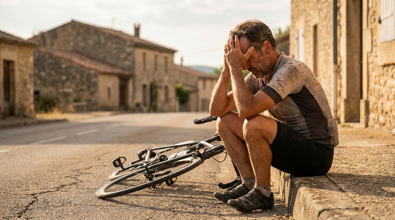 Homme épuisé assis au bord d'une route près d'un vélo
