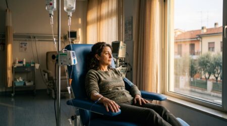 Patiente seule en salle de chimiothérapie à l'hôpital
