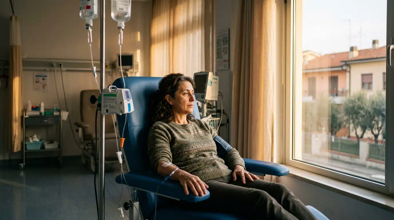 Patiente seule en salle de chimiothérapie à l'hôpital