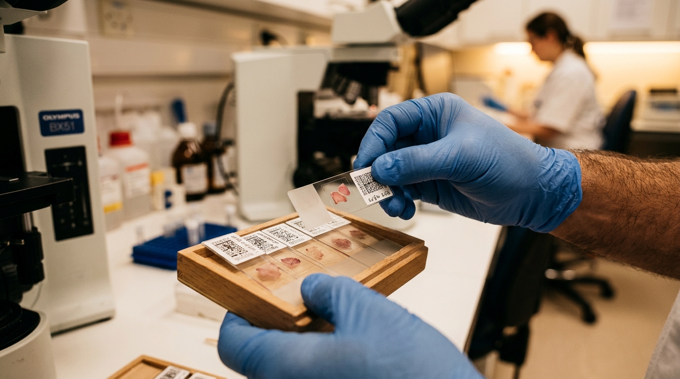 Lames de biopsie manipulées dans un laboratoire médical