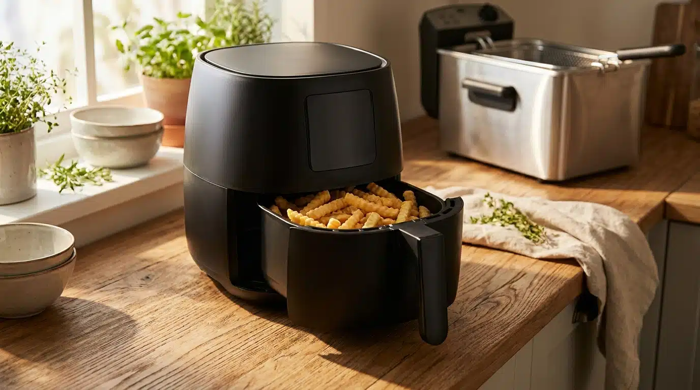 Airfryer ouvert avec des frites dorées sur un plan de cuisine