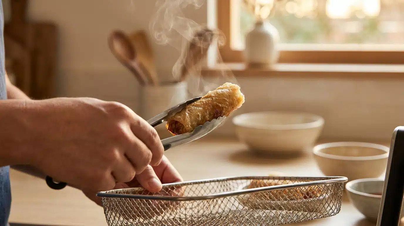 Mains tenant un nem croustillant sorti d'un airfryer