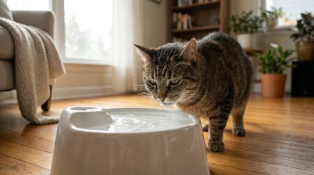 Chat tigré reniflant une fontaine à eau avec méfiance