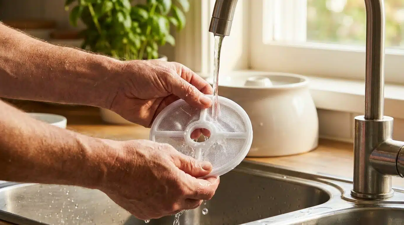 Mains nettoyant le filtre d'une fontaine pour chat