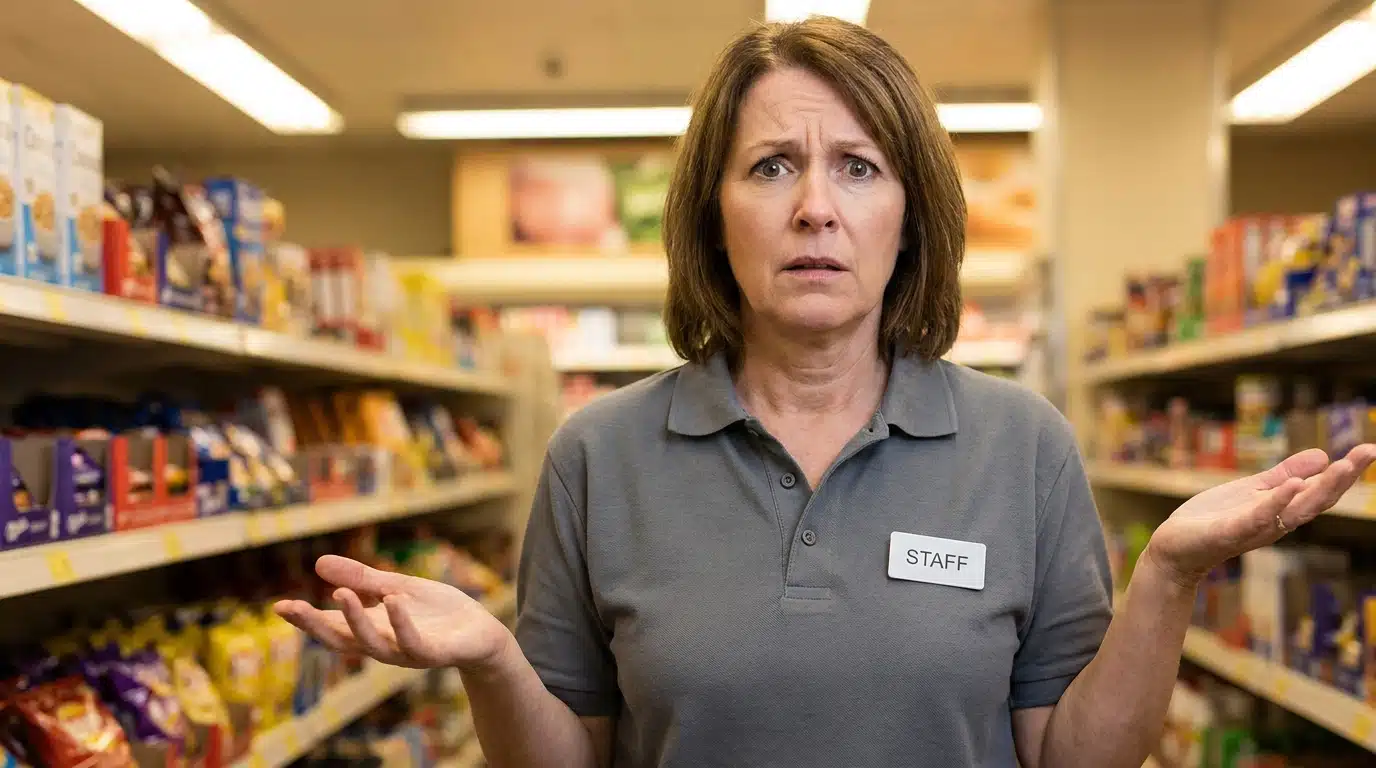 Employée de supermarché au regard incrédule dans une allée de magasin