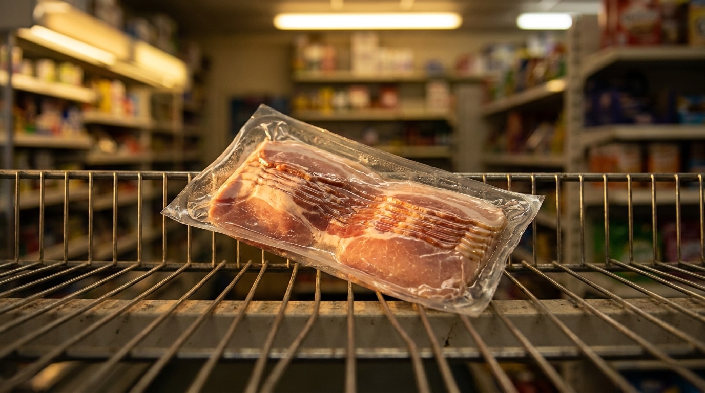 Paquet de bacon posé sur un présentoir métallique de magasin