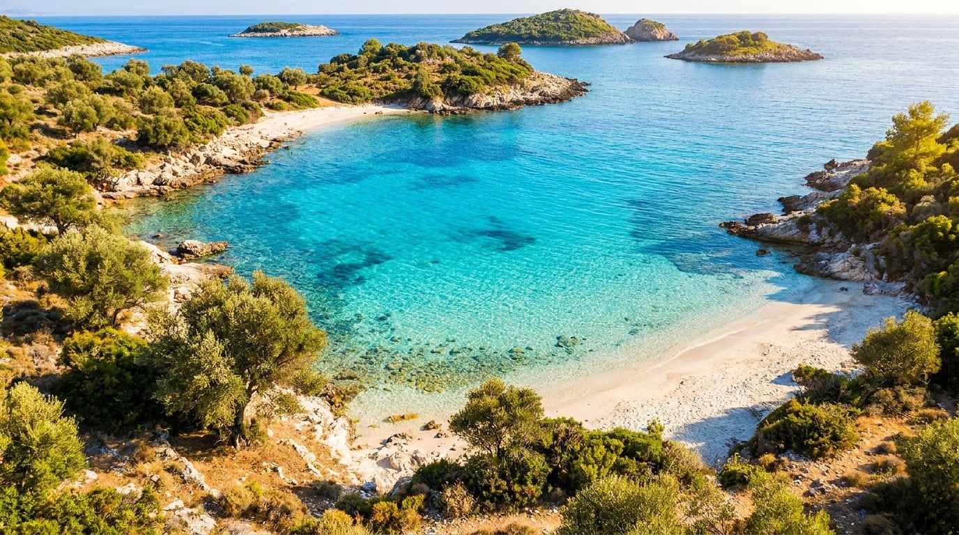 Crique turquoise aux eaux cristallines et sable blanc en Albanie