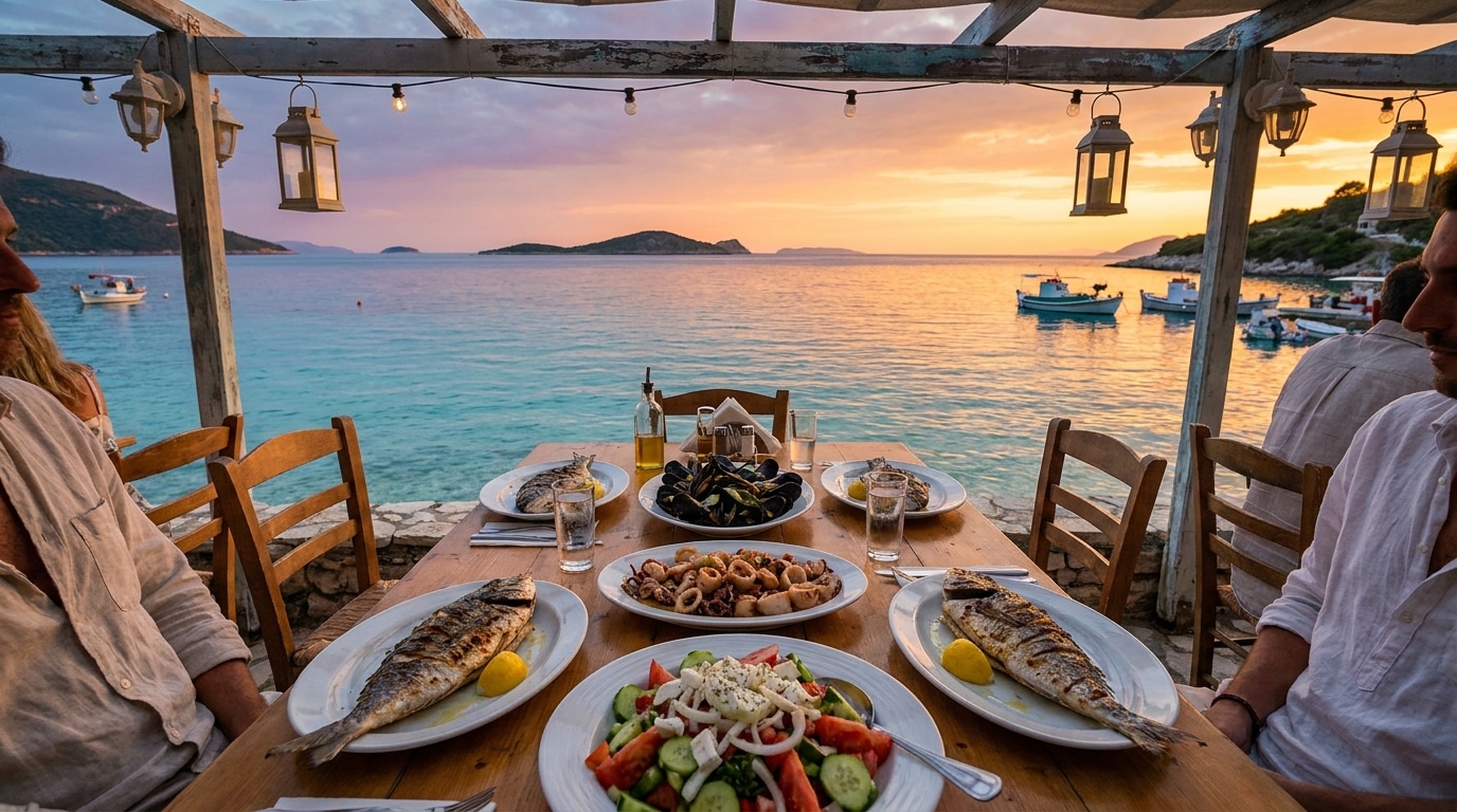 Taverne de bord de mer avec poissons grillés au coucher de soleil