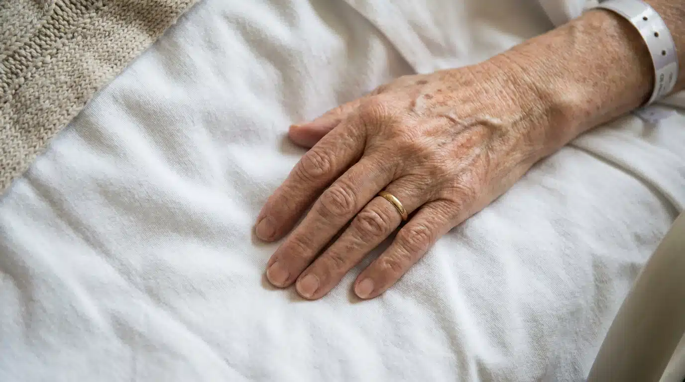Main fragile posée sur un drap blanc d'hôpital, évoquant la fin de vie