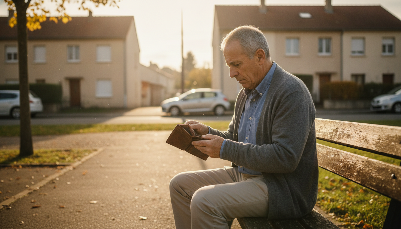 Retraité assis seul sur un banc avec un portefeuille vide