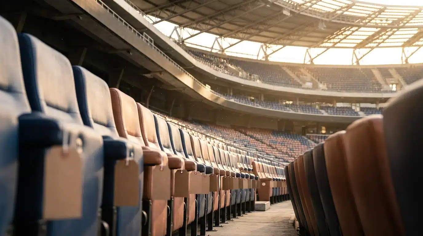 Sièges de stade vides avec étiquettes de prix accrochées