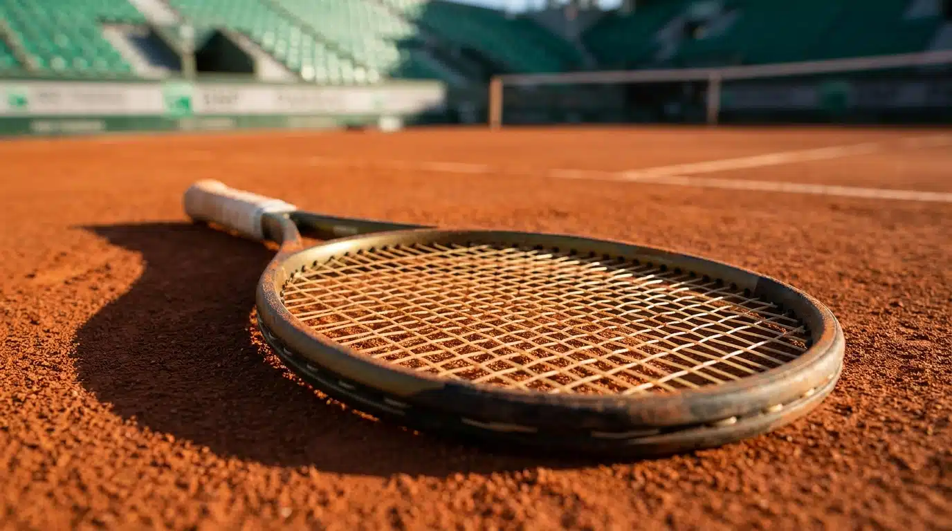 Raquette de tennis posée sur la terre battue rouge de Roland-Garros, légèrement recouverte de poussière ocre
