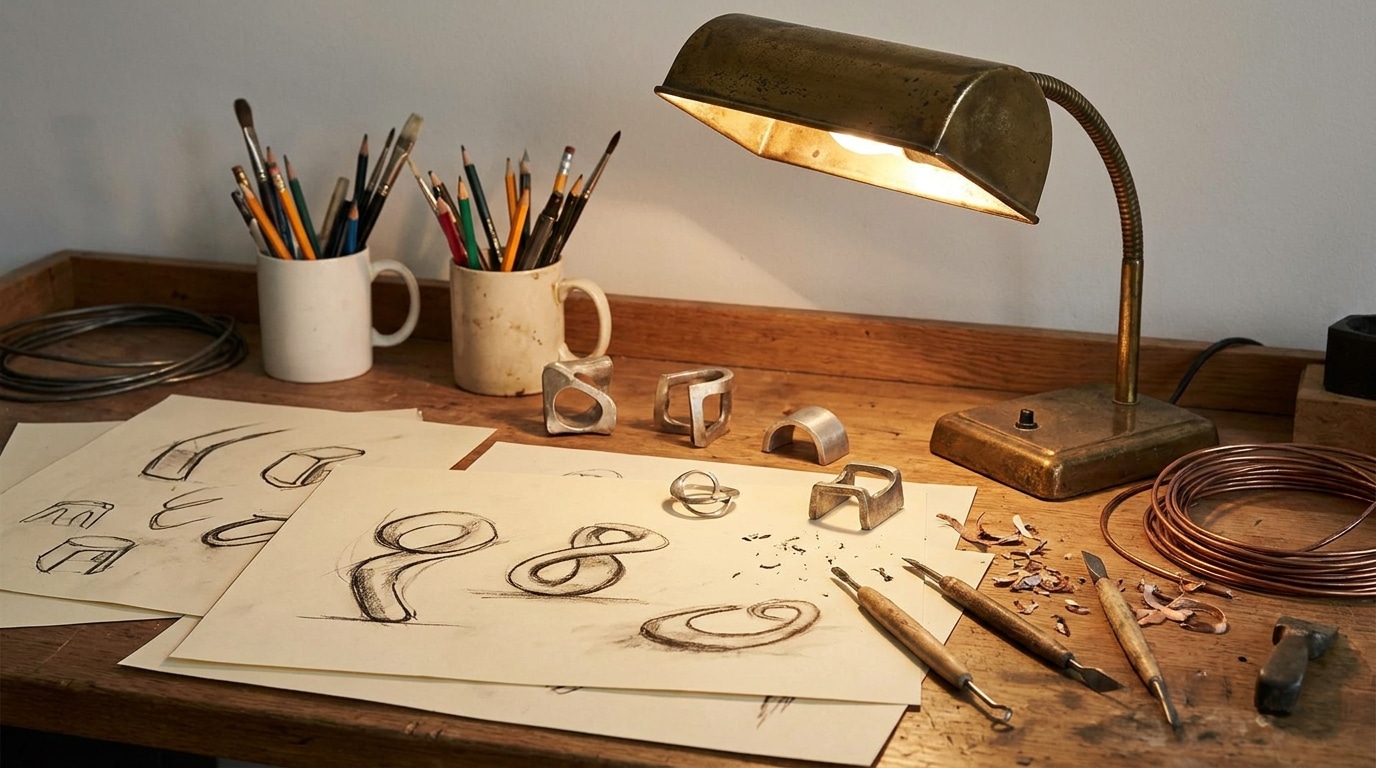 Atelier de création avec croquis et prototypes métalliques