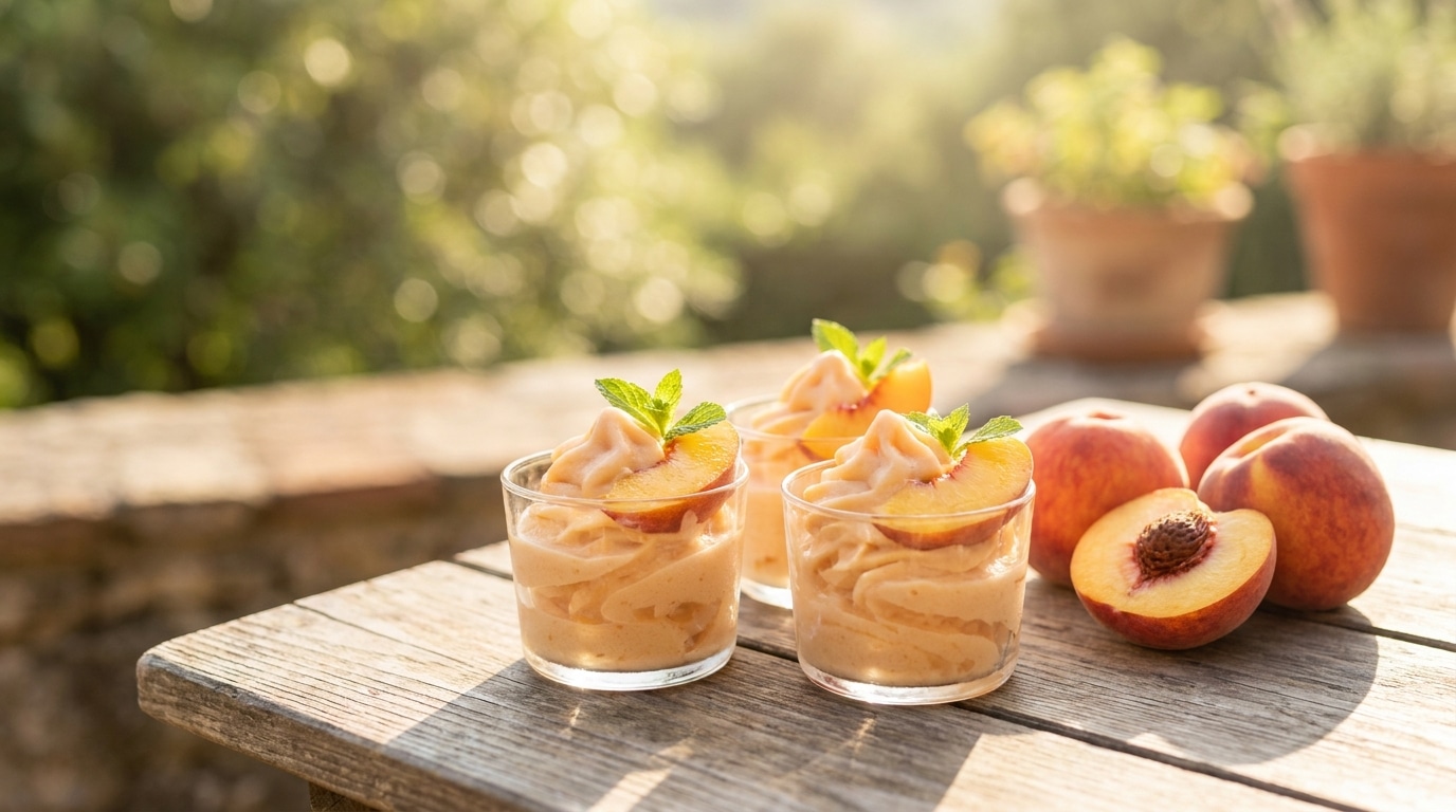 Coupes de sorbet pêche-yaourt sur table en bois ensoleillée