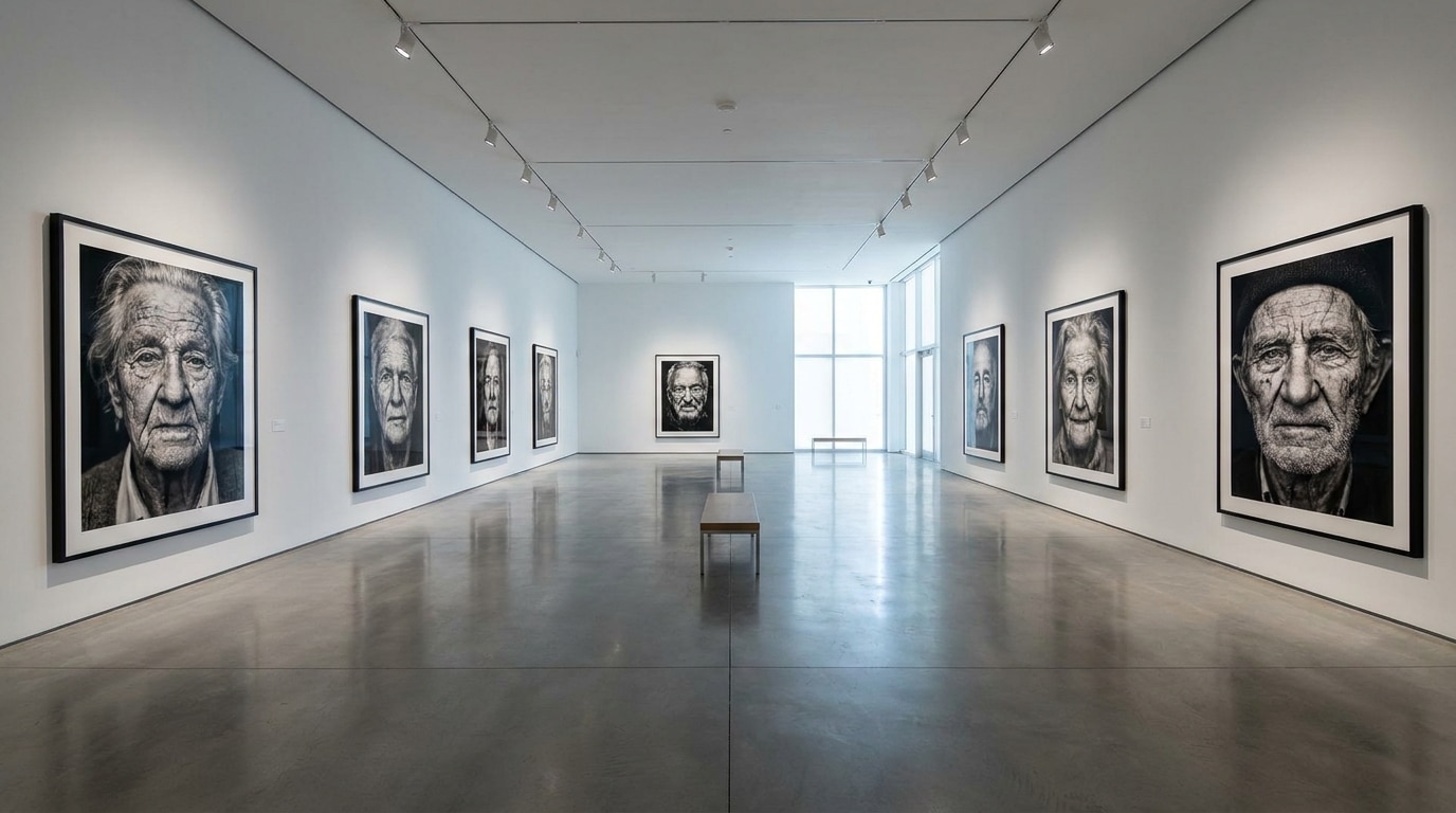 Exposition de portraits photo en noir et blanc dans un musée