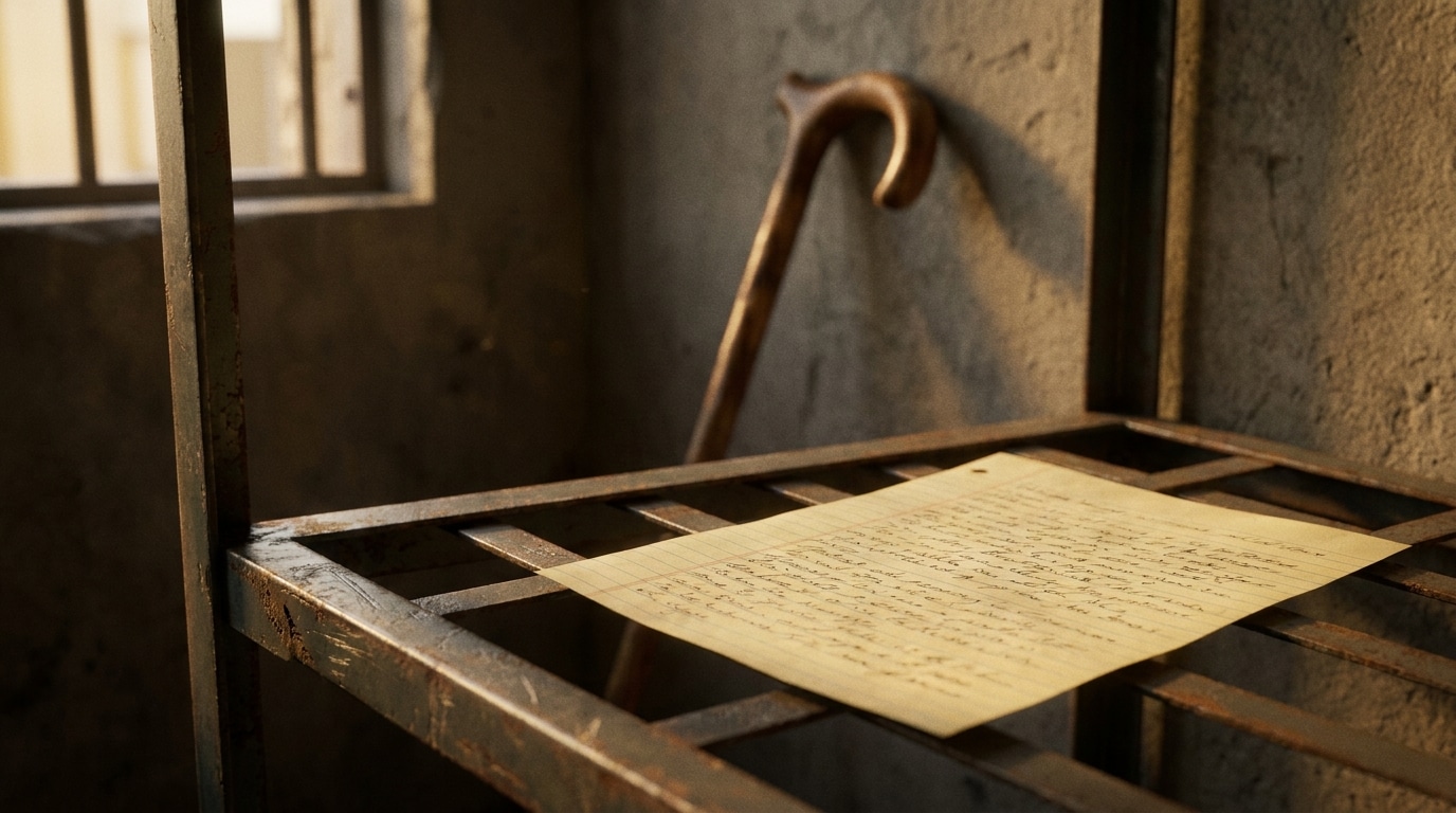 Lettre manuscrite posée sur un lit de prison avec une canne
