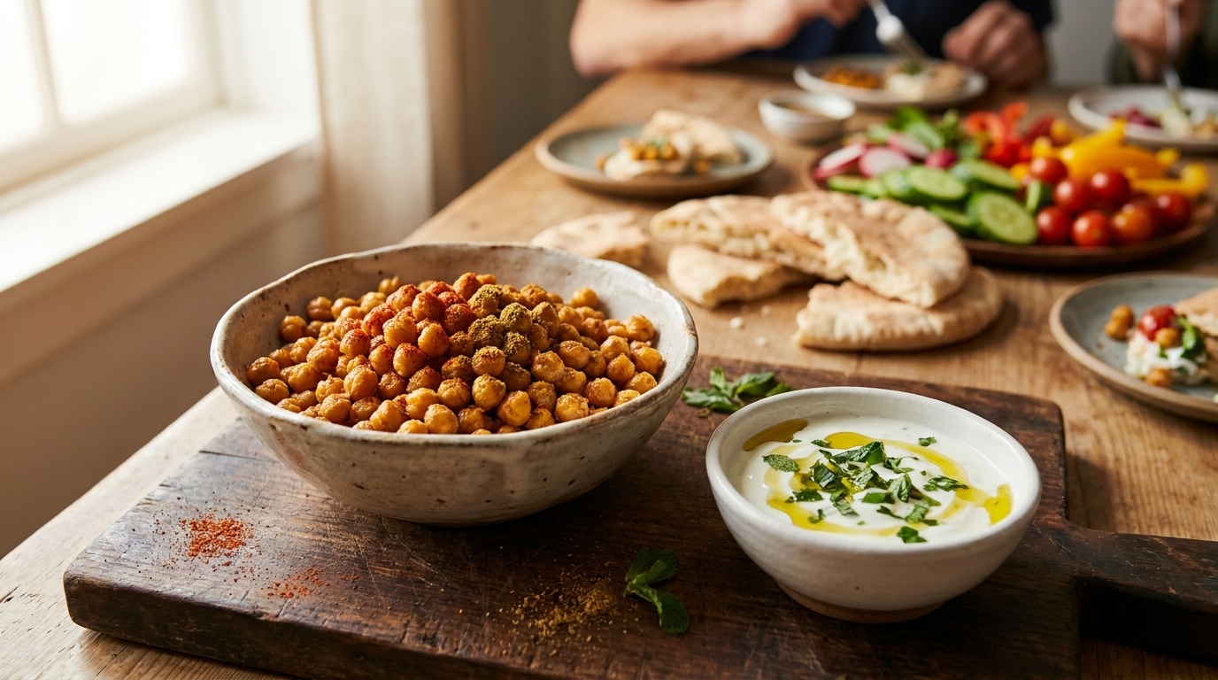Bol de pois chiches rôtis dorés et sauce au yaourt