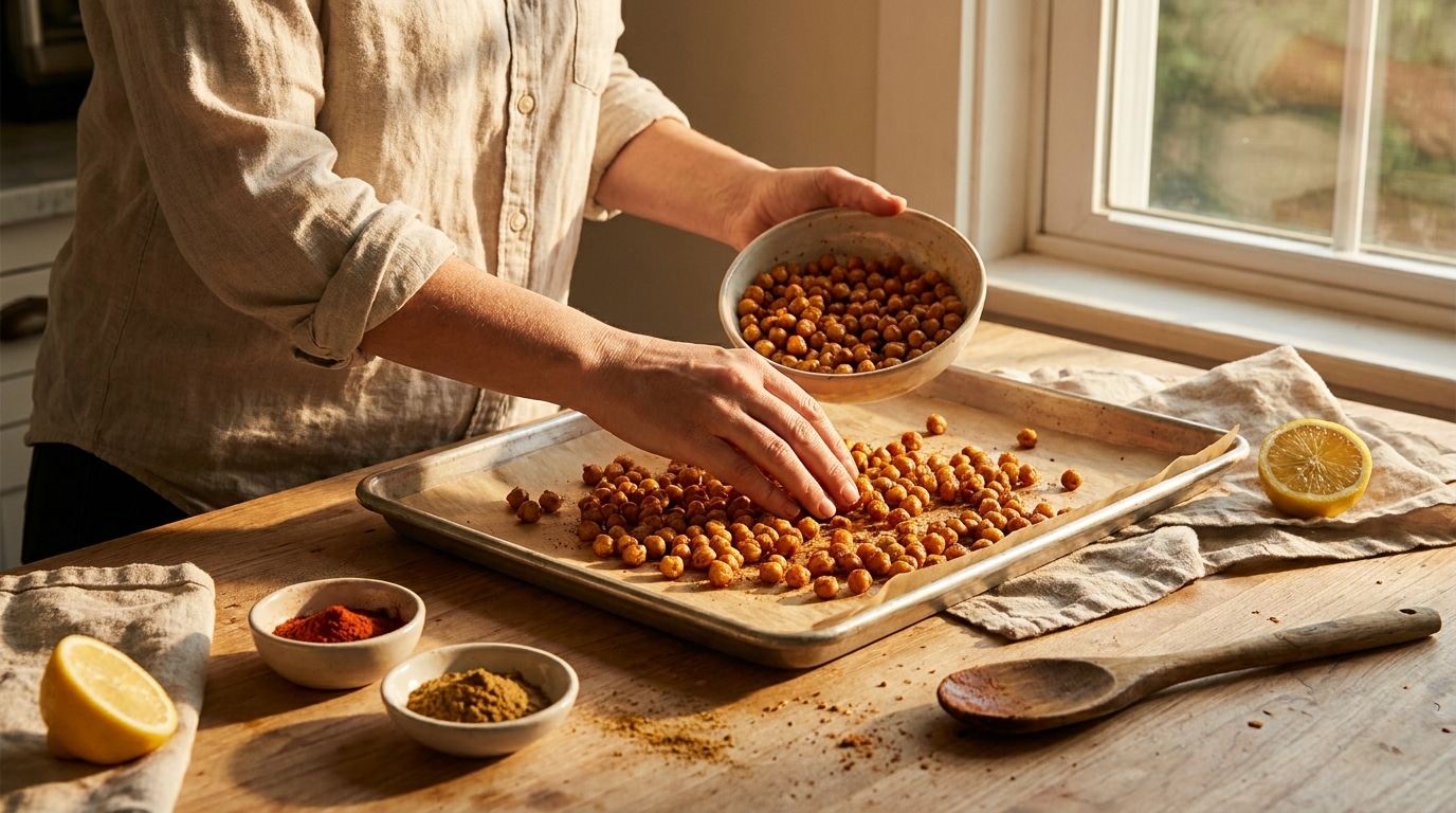 Mains étalant des pois chiches épicés sur une plaque de cuisson