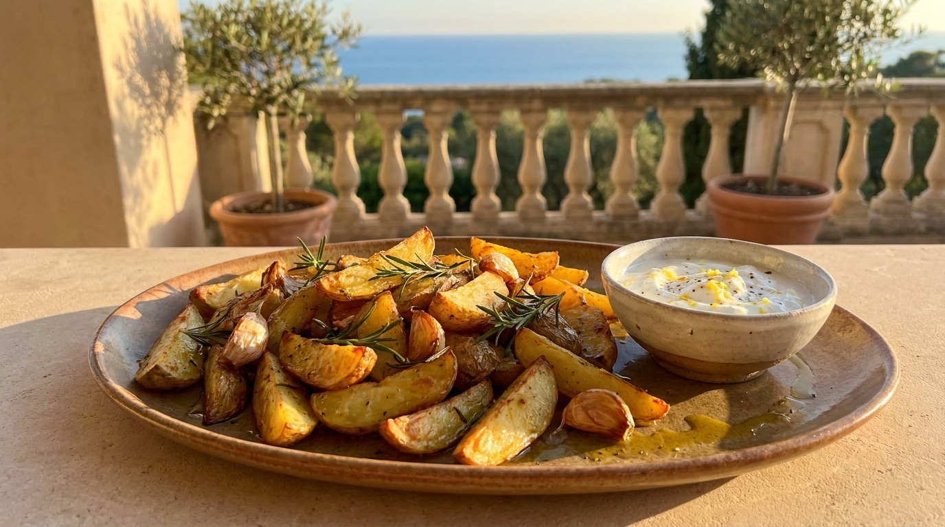 Plat de pommes de terre rôties au romarin avec sauce yaourt citronnée