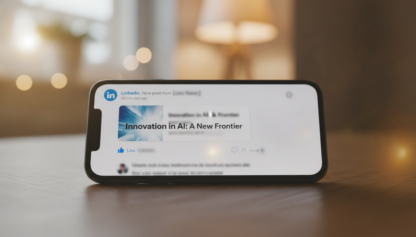 Publication LinkedIn annonçant une maladie sur écran de smartphone posé sur une table