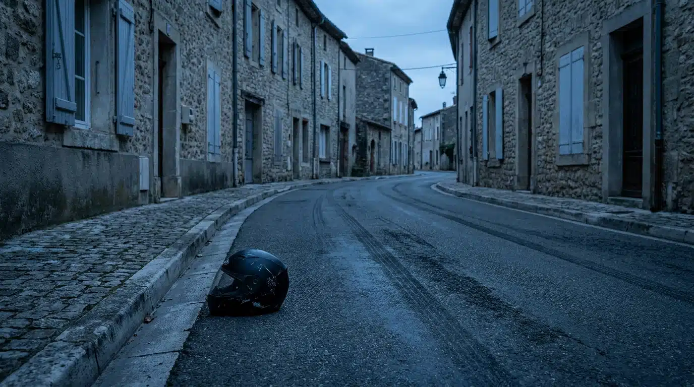 Casque de moto abandonné sur une route de village