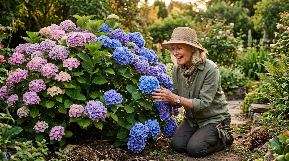 Jardinière admirant ses hortensias qui virent du rose au bleu