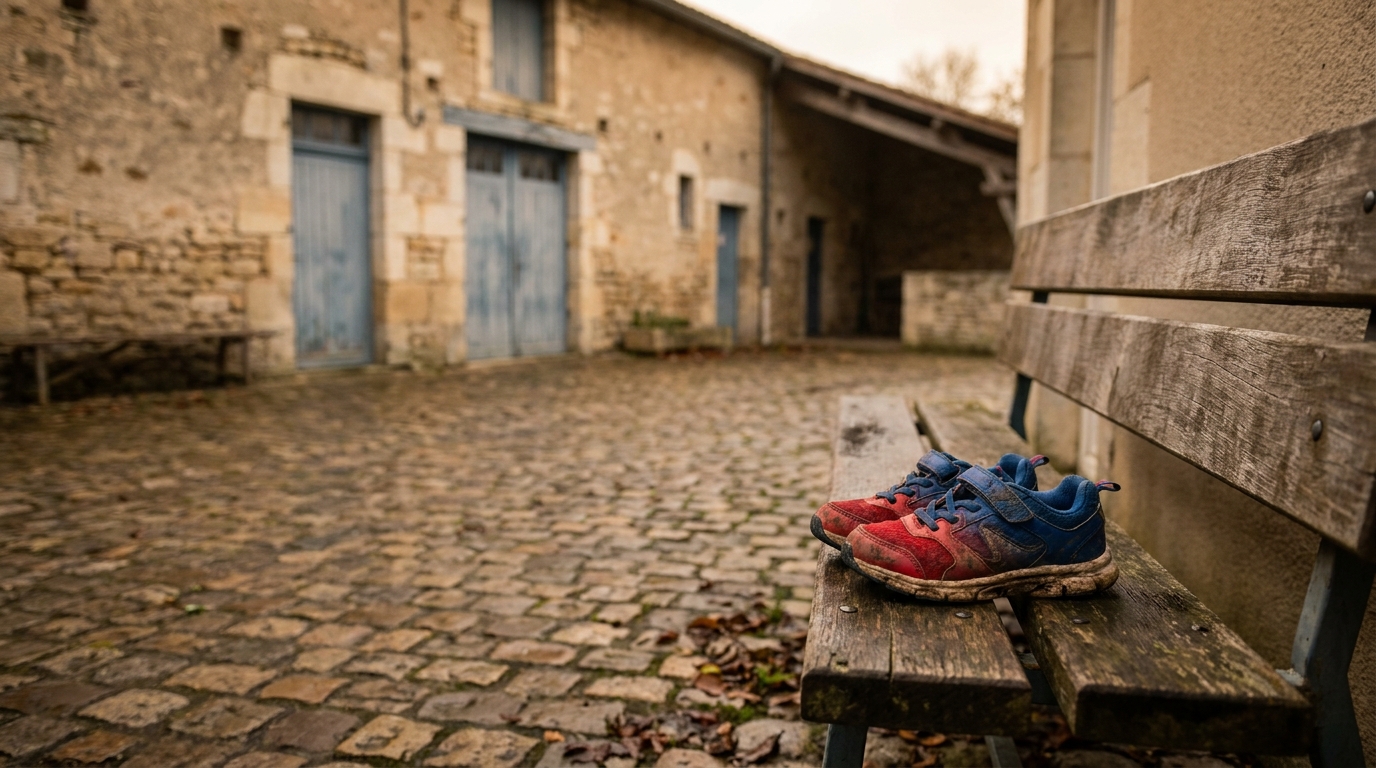 Chaussures d'enfant abandonnées devant un club sportif rural