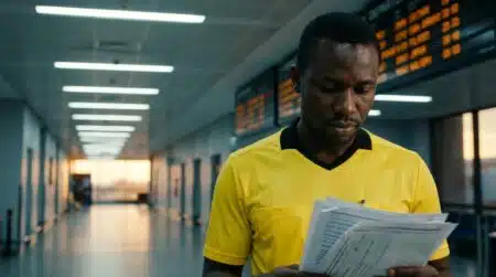 Arbitre en maillot jaune seul dans un couloir d'aéroport