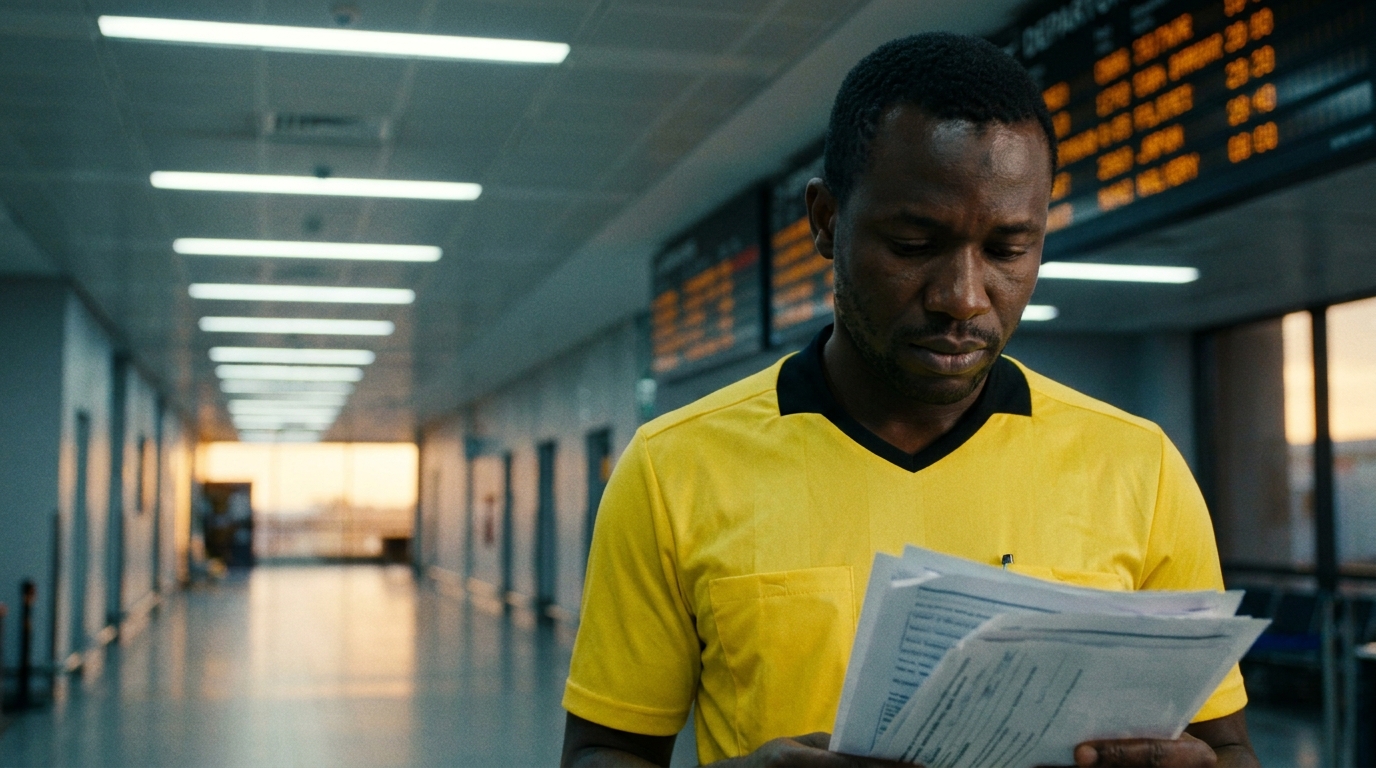 Arbitre en maillot jaune seul dans un couloir d'aéroport